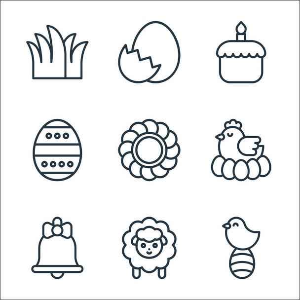 easter line icons. linear set. quality vector line set such as easter egg, sheep, bell, hen, sunflower, easter egg, cake, egg shell - Vector, Image