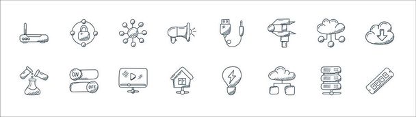 technology line icons. linear set. quality vector line set such as ram, cloud storage, home network, experiments, cloud computing, network, usb connector, network - Vector, Image