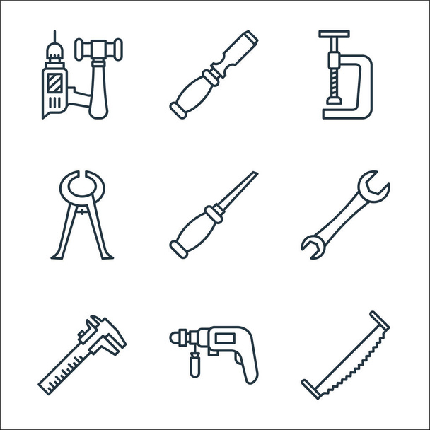 Iconos de línea de carpintería. Conjunto lineal. conjunto de línea de vectores de calidad, tales como sierra de mano, taladro, escala, llave, awl, ciruela, abrazadera, cincel - Vector, imagen