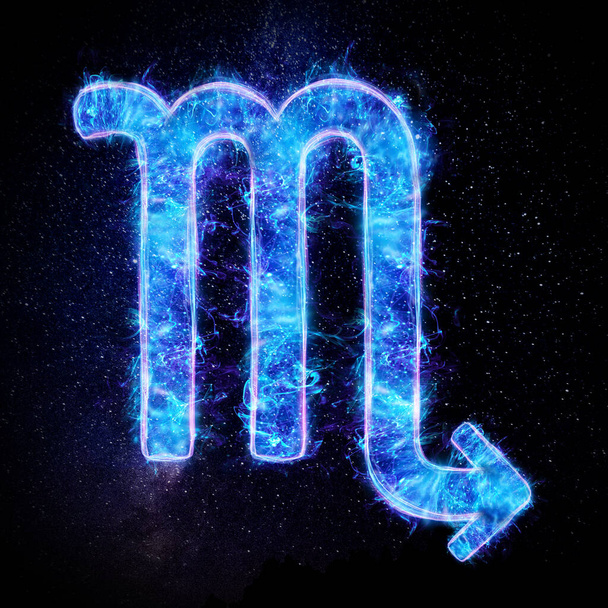 Scorpio zodiac sign icon, blue neon hologram on a dark background of the starry sky, horoscope signs. The concept of fate, predictions, fortune teller. 3D graphics, 3D illustration - Photo, Image