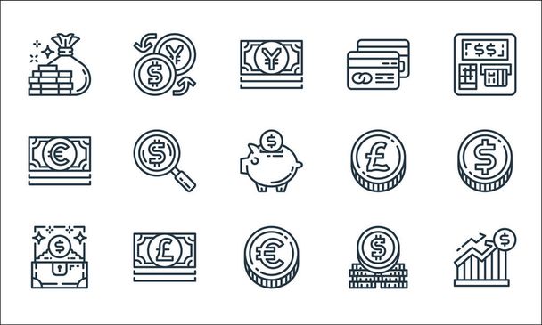 money and currency line icons. linear set. quality vector line set such as money growth, euro coin, treasure chest, coin stack, pound bills, euro bill, pound money, cit card, exchange - Vector, Image