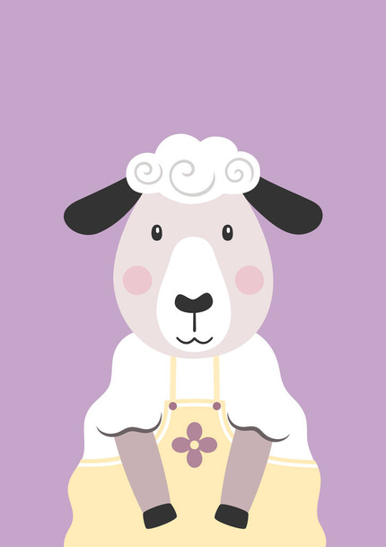 Cute sheep in yellow dress. Cartoon character. Poster for baby room. Childish print for nursery. Design can be used for kids apparel, greeting card, invitation, baby shower. Vector illustration. - Vector, Image