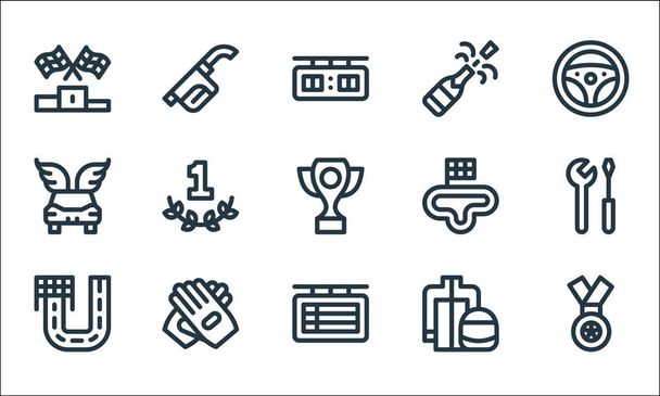 auto racing line icons. linear set. quality vector line set such as medal, scoreboard, racing, protective gear, glove, speed, circuit, champagne, gas pump - Vector, Image