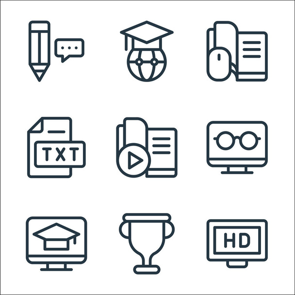 Online-Lernzeilen-Symbole. Lineares Set. Qualitätsvektorzeilensatz wie High Definition, Trophäe, Online-Lernen, Computer, eBook, Textdatei, Online-Lernen, Graduierung - Vektor, Bild