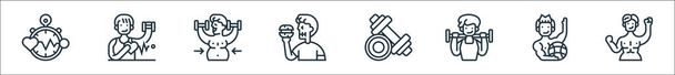 fitness line icons. linear set. quality vector line set such as six pack, bodybuilding, exercise, dumbbells, banned food, exercise, heart rate - Vector, Image