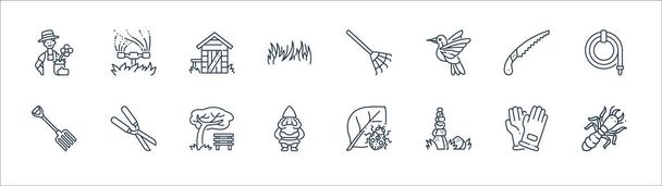 zahradnické ikony. lineární sada. kvalitní vektorová souprava jako termit, kameny, gnóm, rýče, prořezávací pila, kůlna, hrábě, postřikovač - Vektor, obrázek