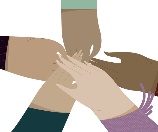 Ruce různorodé skupiny žen dohromady. Koncept sesterství, dívčí moci, přátelství, podpory a spolupráce. - Vektor, obrázek