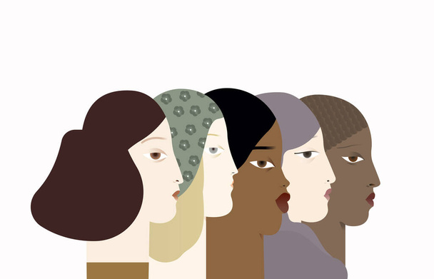 Bandera del feminismo. Perfil de mujeres de diferentes sombreros. Movimiento internacional femenino
. - Vector, Imagen