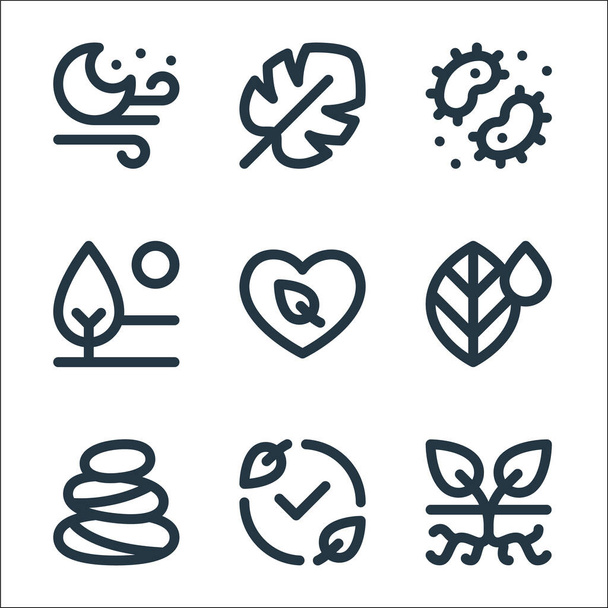 Nature line icons. линейное множество. набор векторных линий качества, таких как растение, экология, камни, лист, экологически чистые, день, бактерии, лист - Вектор,изображение