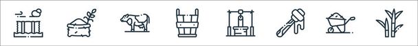 in the village line icons. linear set. quality vector line set such as sugar cane, wheelbarrow, honey, water well, bucket, cow, wheat - Vector, Image