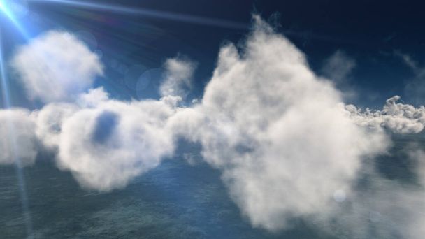 fliegen über große Wolken, Sonnenstrahl, 3D-Illustration rendern - Foto, Bild