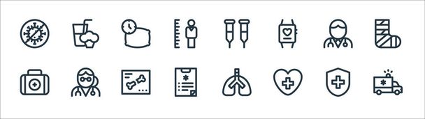 Gesundheits-Symbole. Lineares Set. Qualitätsvektorleitungsset wie Krankenwagen, Gesundheit, ärztliches Gutachten, Verbandskasten, Arzt, Schlaf, Krücken, Smoothie - Vektor, Bild