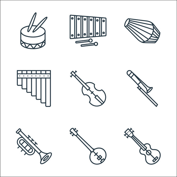 музыкальные инструменты линии иконы. линейное множество. набор векторных линий качества, таких как ukelele, ситар, труба, тромбон, скрипка, пан-флейта, дхолак, ксилофон - Вектор,изображение