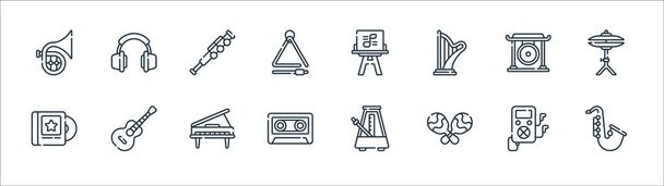 muzieklijn iconen. lineaire verzameling. kwaliteit vector lijn set zoals sax, maracas, cassette, muziek album, gong, fluit, bladmuziek, hoofdtelefoon - Vector, afbeelding