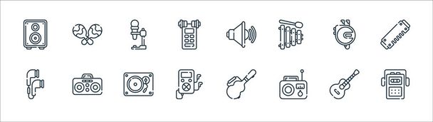 music line icons. linear set. quality vector line set such as cassette player, radio, mp music file, earbuds, discman, mike, sound, maracas - Vector, Image