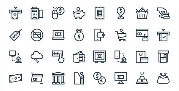 Zahlzeilen-Symbole. Lineares Set. Qualitätsvektorleitungsset wie Geldbörse, Online-Zahlung, Geldautomat, Geld, Einkaufen, PIN-Code, Cit-Karte, Mobile Banking, keine Cit-Karte - Vektor, Bild