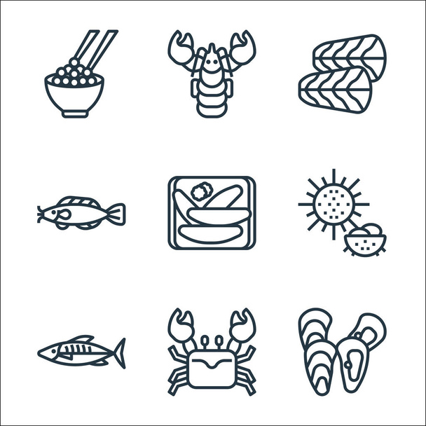 Deniz ürünleri ikonları. Doğrusal küme. Midye, yengeç, uskumru, deniz kestanesi, kazunoko, yayın balığı, oyuncak balık, ıstakoz gibi kalite vektör dizileri - Vektör, Görsel