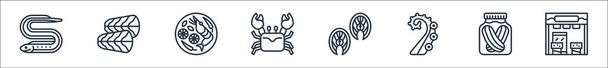 ícones de linha de frutos do mar. conjunto linear. linha vetorial de qualidade definido como loja, picles, tentáculos, salmão, caranguejo, tom yum, peixe dolly
 - Vetor, Imagem
