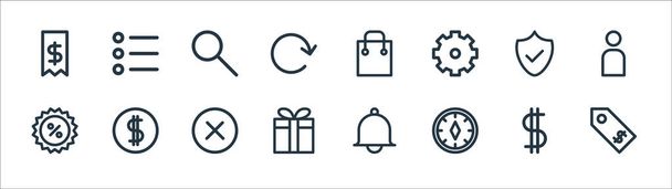 Icone della linea di starter pack ecommerce. set lineare. set di linee vettoriali di qualità come prezzo, bussola, regalo, sconto, sicuro, ricerca, shopping, elenco - Vettoriali, immagini