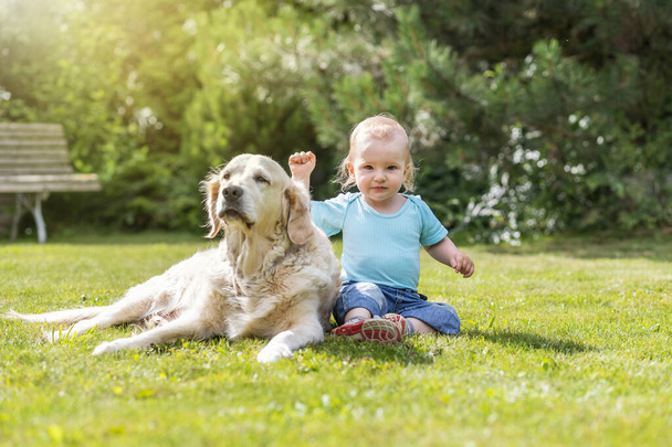 Cute liitle baby boy is waving at the camera posing with Golden Retriever dog in the garden - Valokuva, kuva