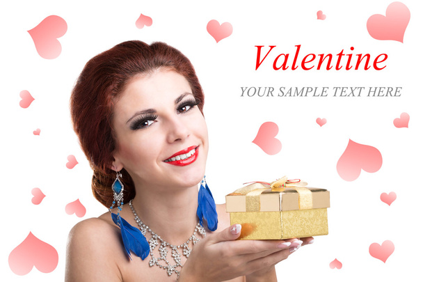 Beauty Young Beautiful Girl with Golden Gift Box.Valentine Day - Foto, Bild