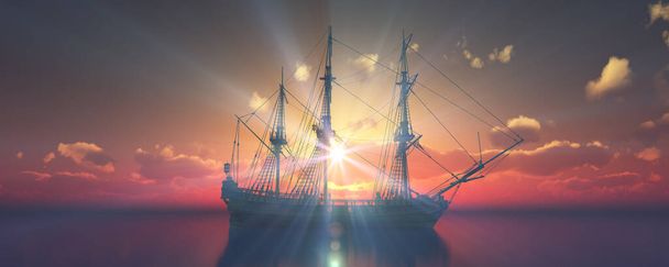 old ship sunset at sea 3d rendering illustration - Photo, Image