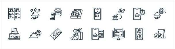 food delivery line icons. linear set. quality vector line set such as doughnut, website, grocery, bakery, time, bill, add cart, rating - Vector, Image
