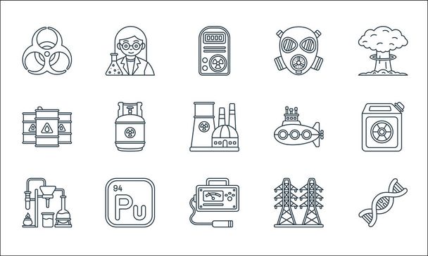 nuclear energy line icons. linear set. quality vector line set such as dna, geiger counter, laboratory, electricity, plutonium, oil tanker, submarine, gas mask, scientist - Vector, Image
