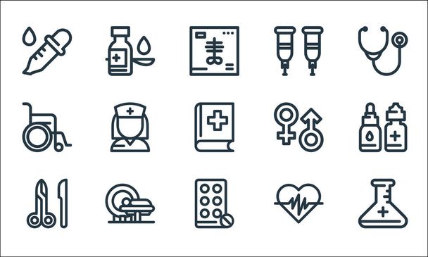 Medizinische Werkzeuge reihen Symbole aneinander. Lineares Set. Qualitätsvektorleitungsset wie Fläschchen, Antibiotika, Chirurgie, Herzschlag, Mami, Rollstuhl, Geschlecht, Krücken, Sirup - Vektor, Bild