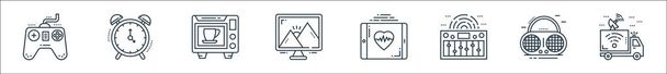 technology devices line icons. linear set. quality vector line set such as broadcasting, vintage radio, music equalizer, medical app, monitor, microwave oven, alarm clock - Vector, Image