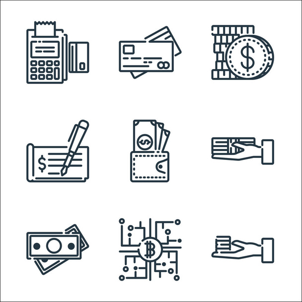 Bank- und Geldleitungssymbole. Lineares Set. Qualitätsvektorleitungssatz wie Geld, Bitcoin, Geld, Brieftasche, Scheck, Dollar, Cit-Karte - Vektor, Bild