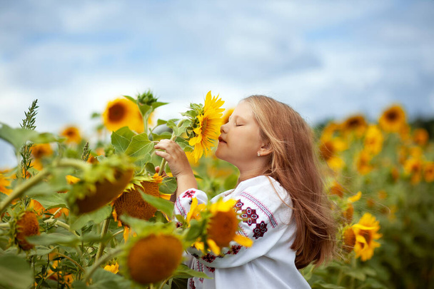 Piękna dziewczyna w haftowanej koszuli z trzepoczącymi włosami wącha słonecznik.  - Zdjęcie, obraz