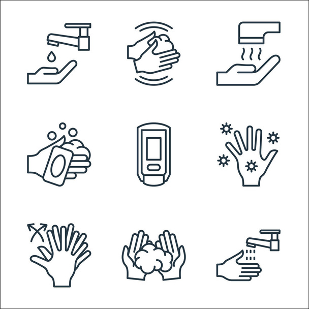 kézmosó ikonok. lineáris beállítás. minőségi vektor sor, mint a kézmosás, kézmosás, kézmosás, kézfertőtlenítő, szárító, - Vektor, kép