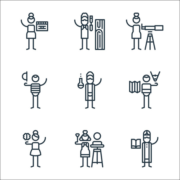general arts line icons. linear set. quality vector line set such as religious, sculpture, psychology, cartography, chemistry, mime, astronomy, woodworking - Vector, Image