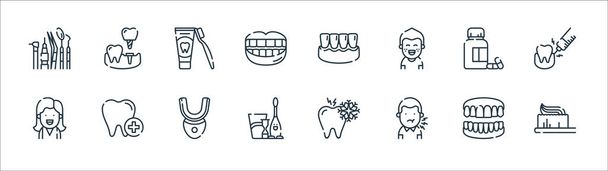Diş bakımı ikonları. Doğrusal küme. Diş fırçası, diş ağrısı, çocuk, kız, hap, diş macunu, diş eti, implant gibi kalite vektör dizileri - Vektör, Görsel