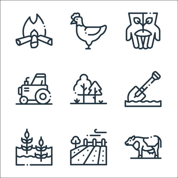 in the village line icons. linear set. quality vector line set such as cow, field, wheat, shovel, trees, tractor, planting, hen - Vector, Image