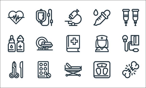 medical tools line icons. linear set. quality vector line set such as crush, stretcher, surgery, weight scale, antibiotic, eye drops, nurse, dropper, infusion - Vector, Image