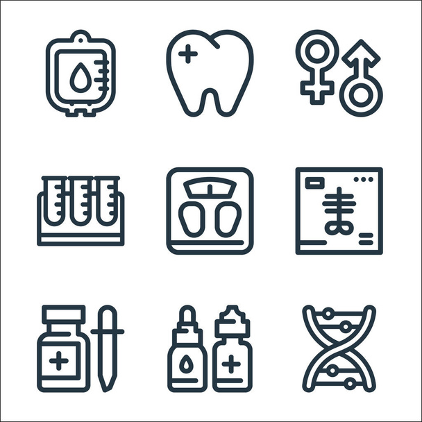 medical tools line icons. linear set. quality vector line set such as dna, eye drops, drop medicine, x ray, weight scale, test tube, gender, dentist - Vector, Image