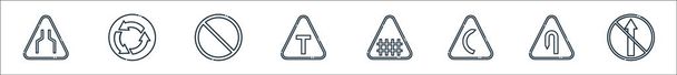 Symbole der Signallinie. Lineares Set. Qualitätsvektorleitungssatz wie keine gerade, linke Haarnadel, Rechtskurve, Zaun, t-Kreuzung, kein Warten, Kreisverkehr - Vektor, Bild