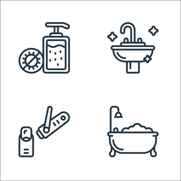 icônes de ligne d'hygiène. set linéaire. set de lignes vectorielles de qualité telles que baignoire, coupe-ongles, évier - Vecteur, image
