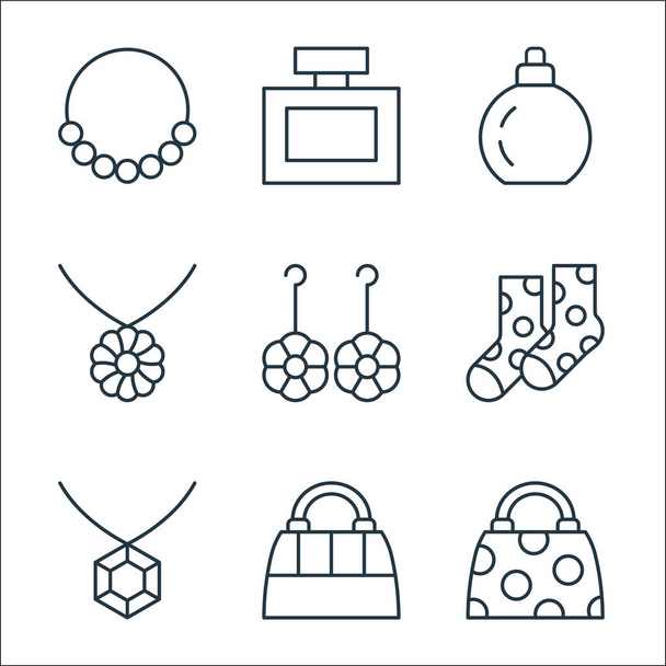 icônes de ligne accessoire. set linéaire. ensemble de ligne vectorielle de qualité tels que sac, sac, collier de diamants, chaussettes, boucles d'oreilles, collier de fleurs, parfum, parfum - Vecteur, image