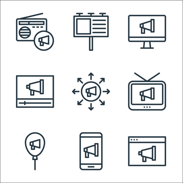 advertisement line icons. linear set. quality vector line set such as , smartphone, balloon, television, marketing, video marketing, computer, billboard - Vector, Image