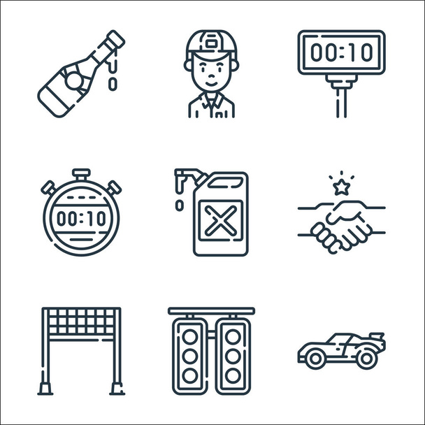 auto racing line icons. linear set. quality vector line set such as race car, traffic light, finish line, shake hands, fuel, stopwatch, timer, mechanic - Vector, Image