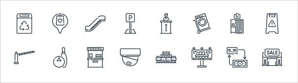 mall line icons. linear set. quality vector line set such as sale, billboard, cctv, traffic barrier, photo booth, stairs, information desk, location - Vector, Image