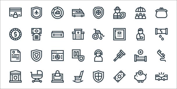 insurance line icons. linear set. quality vector line set such as car crash, money, life insurance, bank, hospital bed, graphic, broken pipe, wheelchair, home insurance - Vector, Image