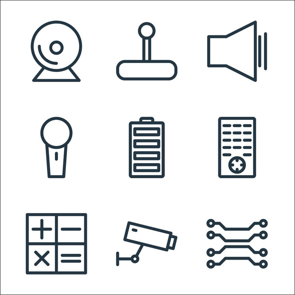technology line icons. linear set. quality vector line set such as networking, cctv, calculator, remote, battery, microphone, sound, joystick - Vector, Image
