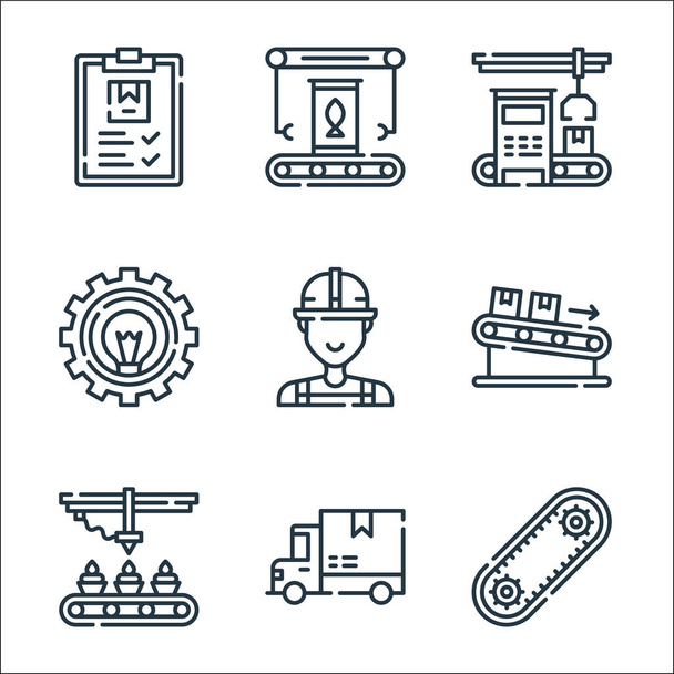 mass production line icons. linear set. quality vector line set such as automation, delivery truck, cupcakes, packages, worker, idea, machinery, food - Vector, Image