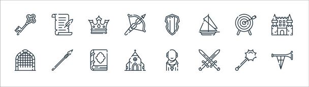 tempos medievais ícones de linha. conjunto linear. linha vetorial de qualidade definido como cozinha, cruzado, igreja, entrada, dartboard, coroa, madeira, pergaminho
 - Vetor, Imagem