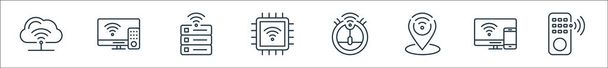 internet of things line icons. linear set. quality vector line set such as remote control, smart tv, gps, robot vacuum cleaner, chip, database, smart tv - Vector, Image