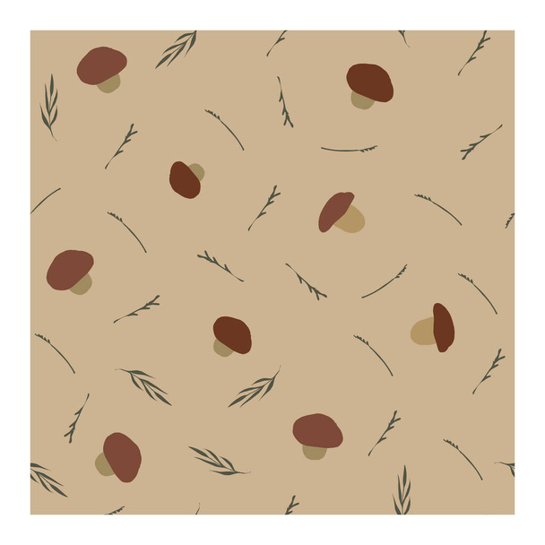 Nahtloses Muster mit Pilzen verschiedener Sorten, Zweigen mit Blättern und Gras von grau-grüner Farbe auf beigem Hintergrund. Geeignet für Stoff, Papier, für die Produktion. Pilze mit braun, beig. Vektorillustration - Vektor, Bild